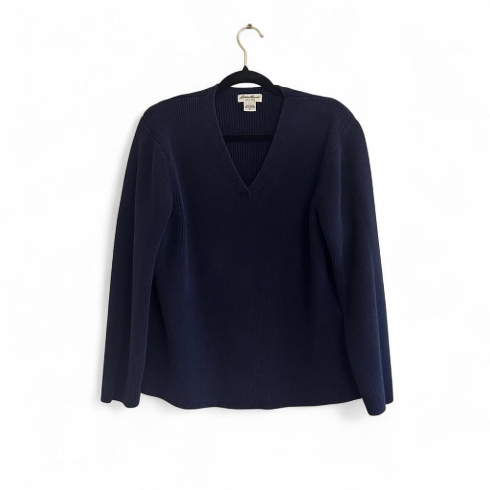 Vintage 90s Eddie Bauer Mens Cotton Knit V-Neck Sweater Navy Blue Size‎ XL
